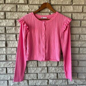 ZaraWomen’s Pink Textured Knit Ruffle Shoulder Cropped Sweater Size Medium